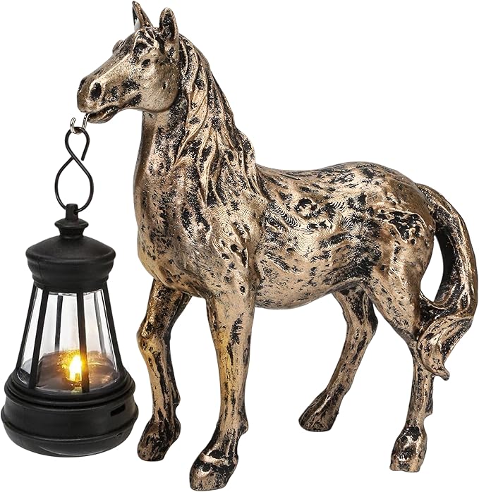 Horse Garden Statue with Lantern 7.5x6.8 inch, Solar Lighted Outdoor Figurine Sculpture for Yard Lawn Patio Farmhouse, Whimsical Home Decor, Gift for Housewarming Birthday Christmas (Bronze Color)