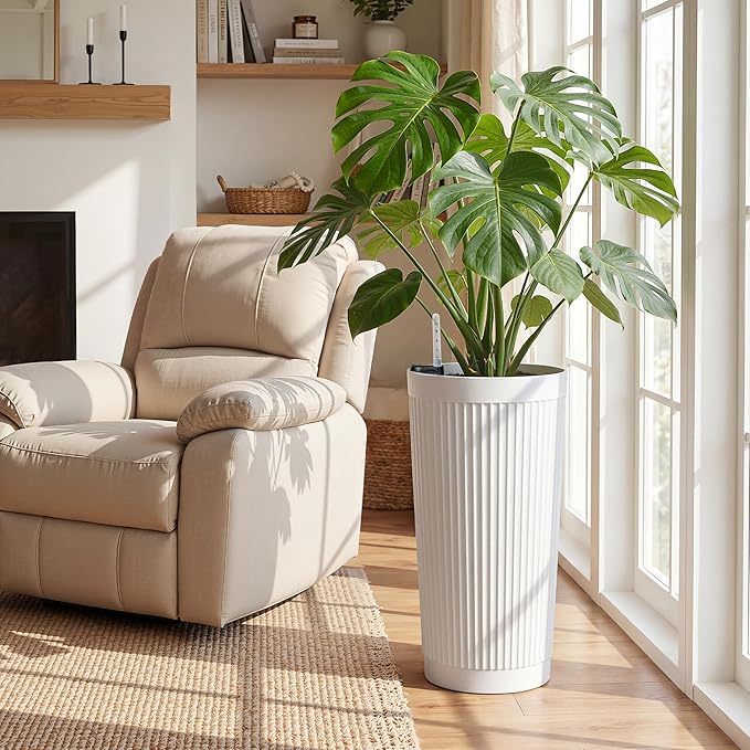 2-Pack 24in Round Plastic Planters with Self-Watering System and Vertical Ribbed Design – Perfect for Home, Patio, Garden Plants
