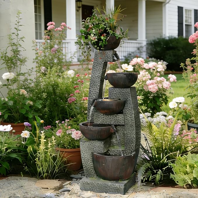 47.4" Large Outdoor Water Fountain with Planter Top & LED Lights, 5-Tier Cascading Garden Water Fountain, Modern Patio Waterfall Feature for Backyard, Patio & Lawn, Indoor & Outdoor Decor