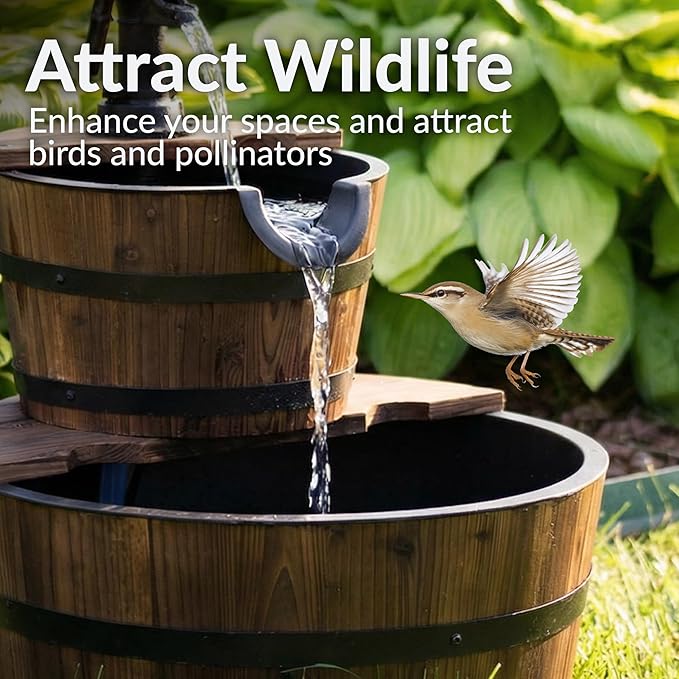 Sunnydaze 2-Tier Wood Barrel Water Fountain - 23-Inch Vintage Water Pump Fountain with Submersible Pump - for Garden, Patio, Decks