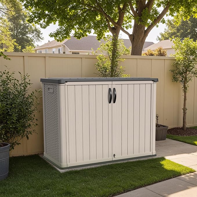 Patiowell 26 cu.ft Plastic Outdoor Storage Shed, Lockable Waterproof Resin Outdoor Storage Cabinet Tool Shed for Garden Tools, Garbage Cans, Pool Supplies, Beige(Not Include Shelves) - Image 2