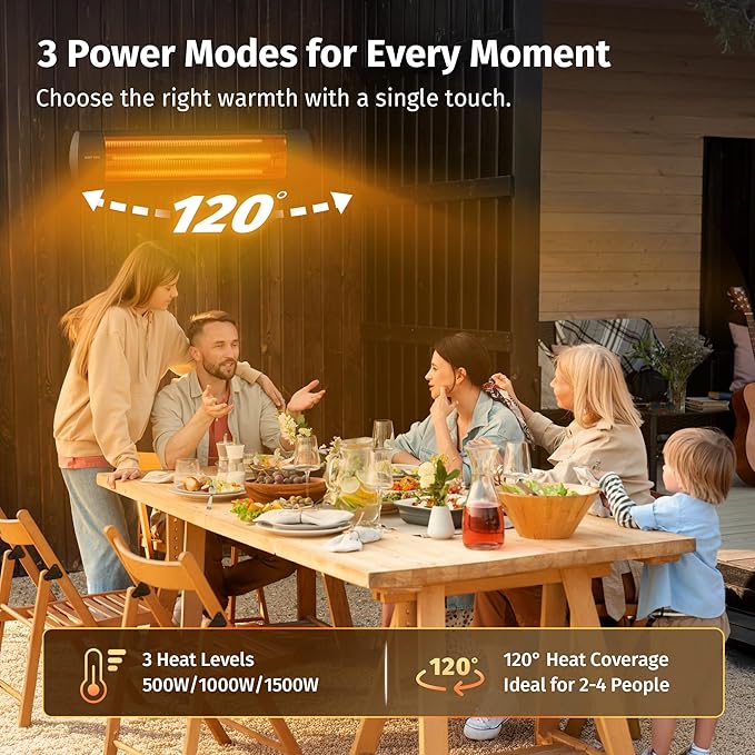 EAST OAK Electric Patio Heater | 1500W Wall Mounted Infrared Heater for Outdoor, Garage, Backyard, Restaurant | 24H Timer, IP65 Waterproof | 3 Heat Levels & Overheating Protection | Black