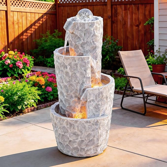 28" 4-Tier Twist Water Fountain with Rotating Crystal Ball, Exclusive Honeycomb Texture, Cascading Waterfalls, Weather-Resistant Outdoor Fountain Creates Tranquil Oasis for Garden Patio