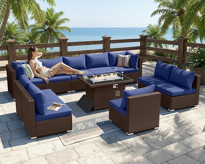 BULEXYARD 11 Piece High Back Wicker Patio Furniture Sets with Fire Pit, Luxury Plus Size Outdoor Seating Set, Comfortable Extra Wide Deep 10-Seater Sectional Couch Sofa for Outside, Brown & Navy Blue
