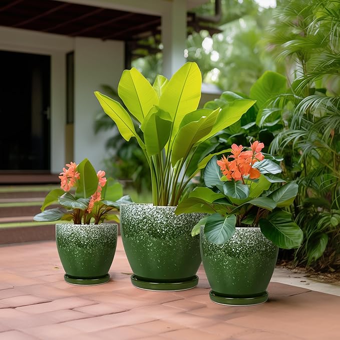 Ceramic Planters 3 Pack - 10 Inch 8 Inch 6 Inch Plant Pots for Indoor Outdoor, Round Decorative Flower Pots with Drainage Holes and Saucers, Garden Home Decor, Gift for Women Men, Green