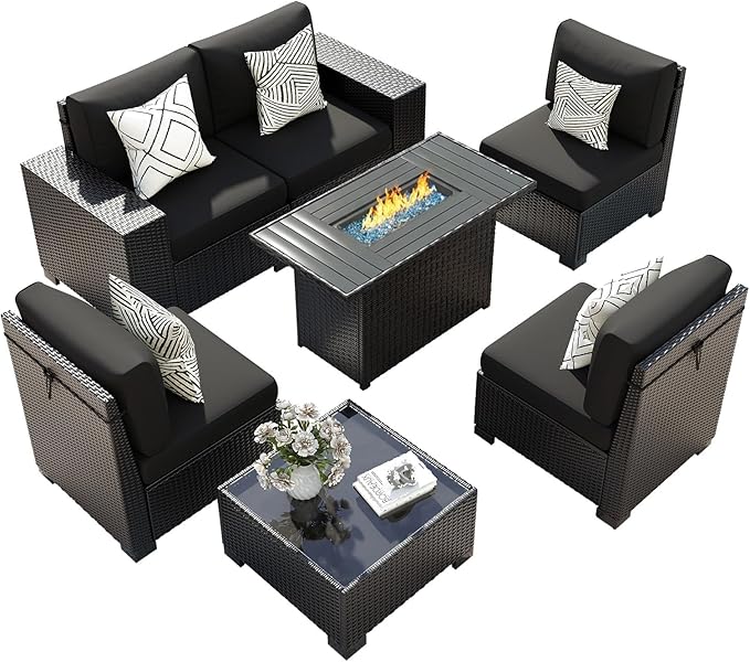 7 Piece Patio Furniture Set with Fire Pit Table, Outdoor Sectional Conversation Sets Black Wicker Rattan Sofa with Coffee Table for Patio Garden Backyard, 4'' Thickened Cushion Black
