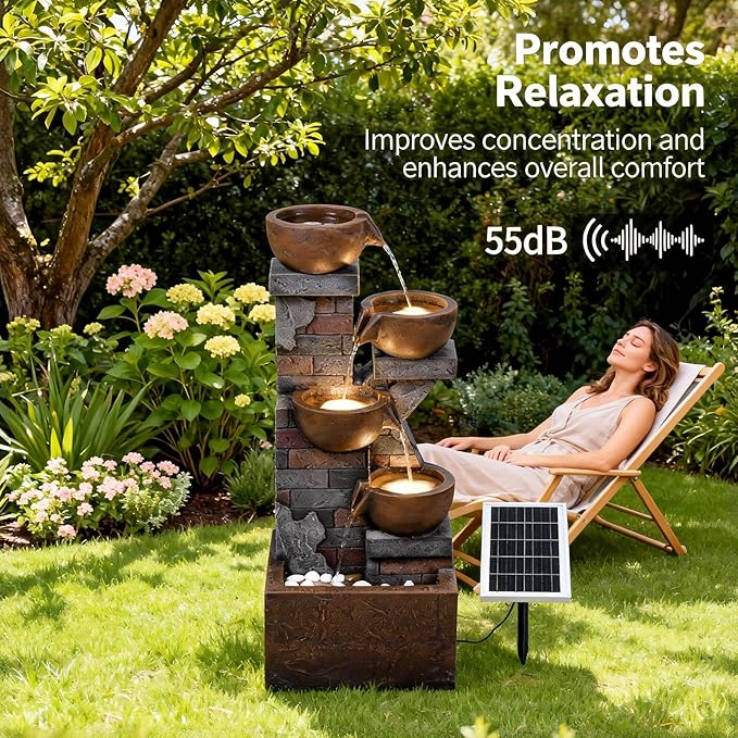 5 Tiers Solar Outdoor Water Fountain - 33.5" H Shape K Indoor Waterfall Fountain with LED Lights for Patio, Balconies, Lawns, Deck, Porch Backyard and Home Art Decor