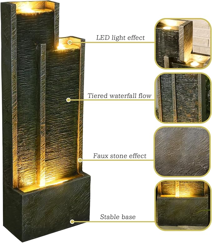 35.4" H Modern Indoor Outdoor Waterfall Fountain with Gentle Sound, Resin Garden Water Fountain Outdoor with Lights, Black Stream Panel Floor-Standing Garden Feature for Patio, Balcony, or Home Decor