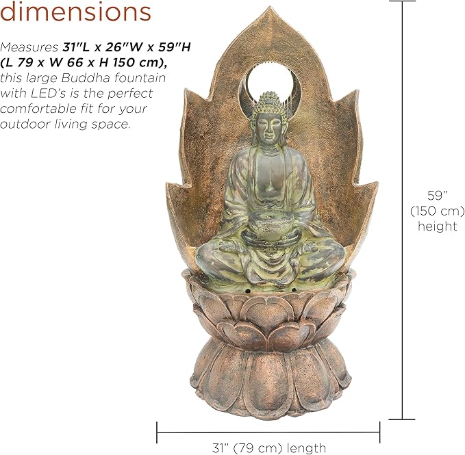 Alpine Corporation 59" Tall Outdoor Buddha Fountain with LED Lights, Elegant Water Feature for Garden, Patio, Yard & Outdoor Spaces, Realistic Stone Look, Calming Waterfall for Relaxation, Brown