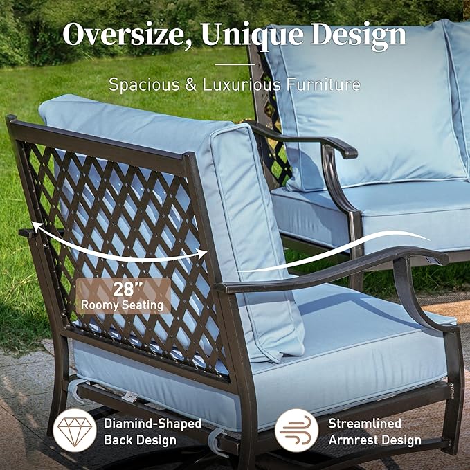 6 Piece Metal Outdoor Patio Furniture Set, Patio Conversation Sets 1 3-seater Sofa, 2 Swivel Chair, 2 Ottomans with 5.75" Thick Cushion and Coffee Table, Black Backyard Furniture, Blue