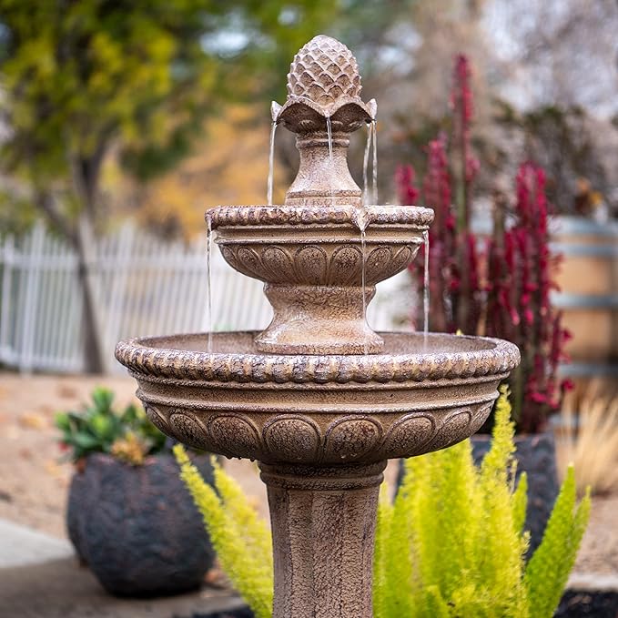 XBrand 39" Solar Water Fountain, 2-Tier Outdoor Sand Stone Resin with Solar Panel & Pump for Home Garden Yard Decor