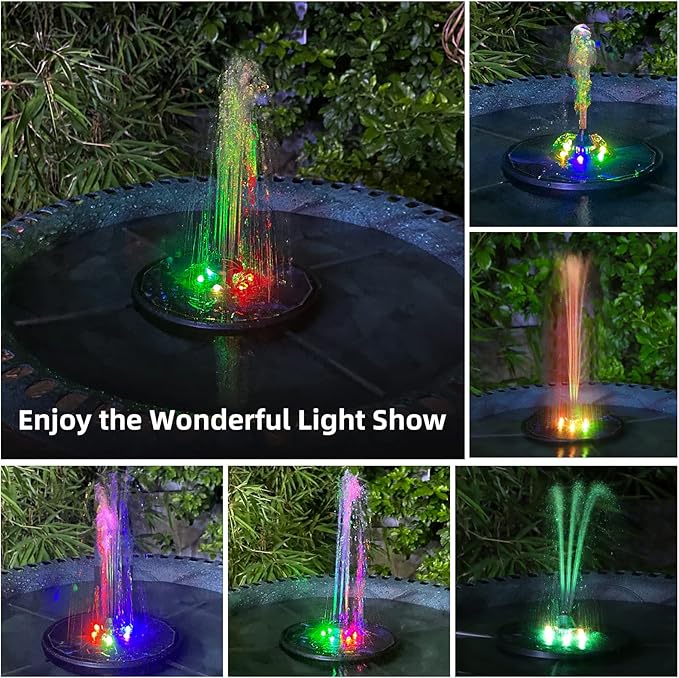AMIAEDU Solar Fountain, Powered Water 4W Pump for Bird Bath with LED Lights, 7 Nozzle and Fixer Hummingbird Garden, Pond, Pool, Fish Tank, , Black