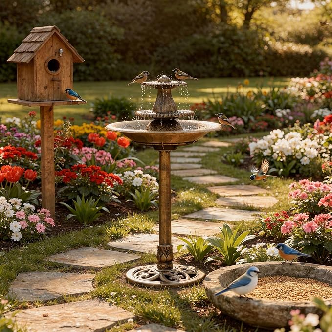 Magshion 37" Tall 3-Tier Outdoor Water Fountain, Pedestal Bird Bath for Outside, Cascading Water Feature and Birdbath for Garden, Patio, Deck, and Backyard, 1.3-Gallon (5L) Capacity, Bronze