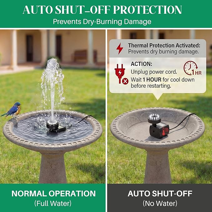 Bird Bath Fountains with 12 LED Lights, 24 Hour Working Fountain Pump with Light, Adjustable Watering Submersible Pump for Outdoor Water Garden, Pond(Cool White)