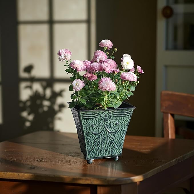 Hosley Set of 4 Green Patina Embossed Metal Planters with Ornate Floral Design, 5.25" L x 5.25" W x 5" H ?€? Ideal for Floral Arrangements, Home D??cor, Garden Accents, Rustic Weddings.