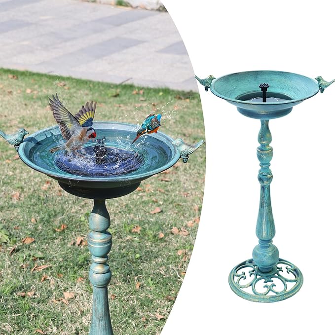 26.6" H Solar Bird Bath, Cast Iron Bird Bath and Solar Fountain, Outdoor Metal Bird Bath Bowl for Outdoors,Patio Yard Lawn Decor