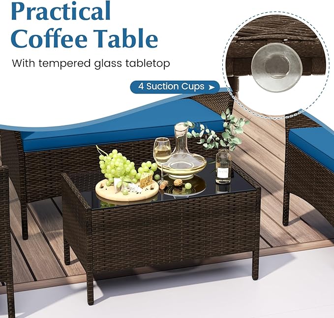 KOTEK 8 Piece Patio Furniture Set, Outdoor Rattan Conversation Set with Loveseat, Wicker Chairs, Tempered Glass Coffee Table, Wicker Patio Set for Backyard, Porch (Peacock Blue)