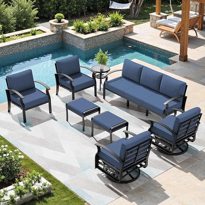 Patio Furniture Set 9-Seat Aluminum Armrest Sofa, Modern Outdoor Living Room Set with 2 Swivel Chairs, 5.1" Cushions, High Backrest & 2 Footstools, Backyard, Poolside - Blue