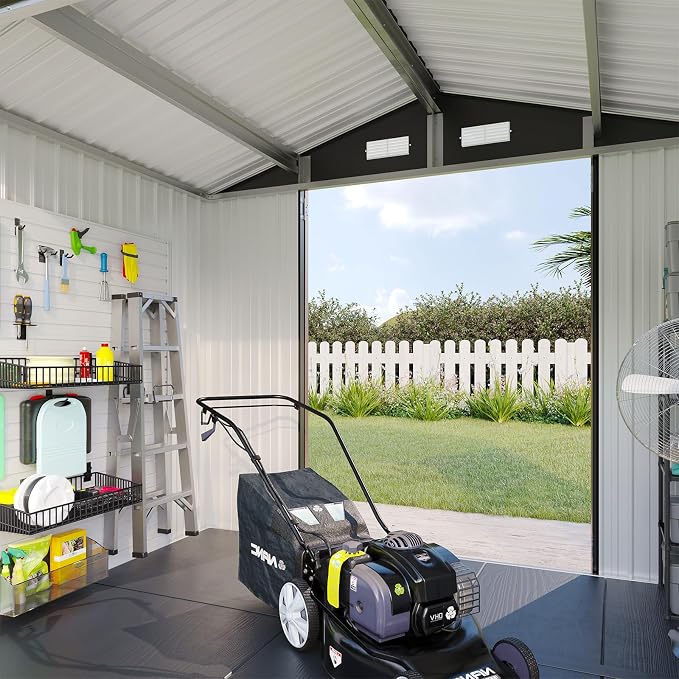 Aoxun 8x6FT Shed with Floor Galvanized Steel Outdoor Storage Shed Metal Garden Shed with Double Doors, Moisture-Proof Floor & Ventilation, Sloped Roof for Bike/Generator/Tool Storage (Brown) - Image 3