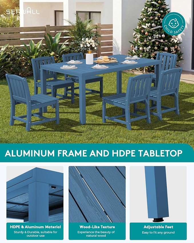 SERWALL Outdoor Expandable Dining Table 60" - 83", Patio Dining Table for 4-10 People, All Weather HDPE and Aluminum Outdoor Furniture, Blue - Image 6