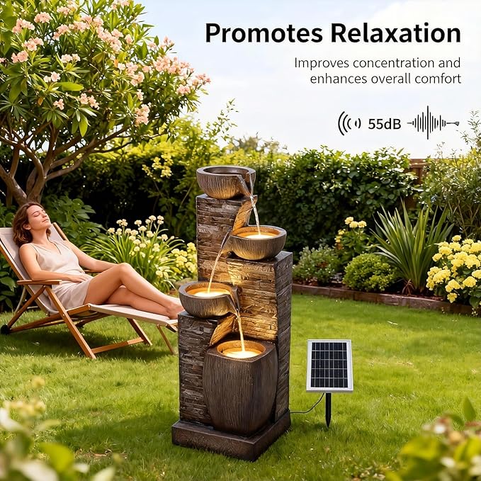38.2" Tall Solar Water Fountain Outdoor Garden,Stone Texture Modern 4 Tiers Cascading Bowls Garden Fountains Outdoor,Suit for Patio, Deck, Porch, Lawns, Backyard and Home Art Decor