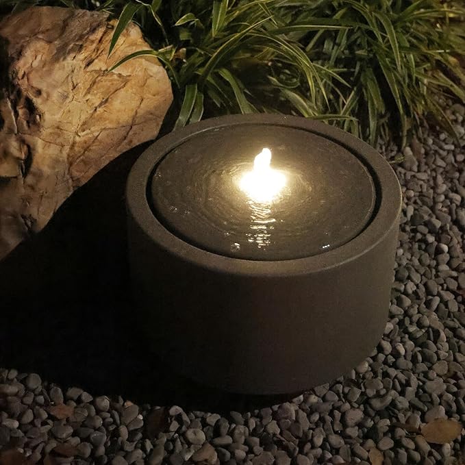 10.23” H Outdoor Water Fountain Made with Eco-Friendly Recyclable Materials, Polyethylene Round Bubbler Water Fountain Outdoor, Garden Decor with LED Light for Patio, Porch, Backyard