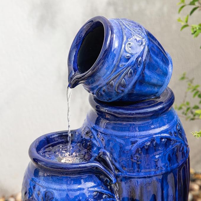 Glitzhome Water Fountain Outdoor with LED Lights, 4-Tier Ceramic Pots Outdoor Water Fountain, Embossed Pattern Cascading Water Feature for Garden Patio Backyard, Cobalt Blue, 27.25" H