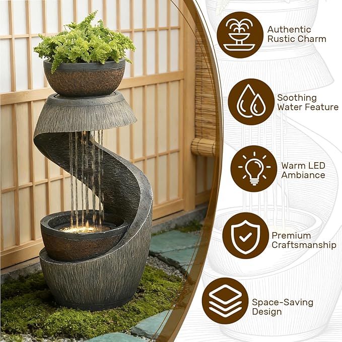 31.9" Outdoor Water Fountain with Lights, Modern S-Shaped Waterfall Fountain Garden with Bowl, Resin Outside Water Feature for Garden Patio Yard Deck Balcony, Indoor Outdoor Water Fountains