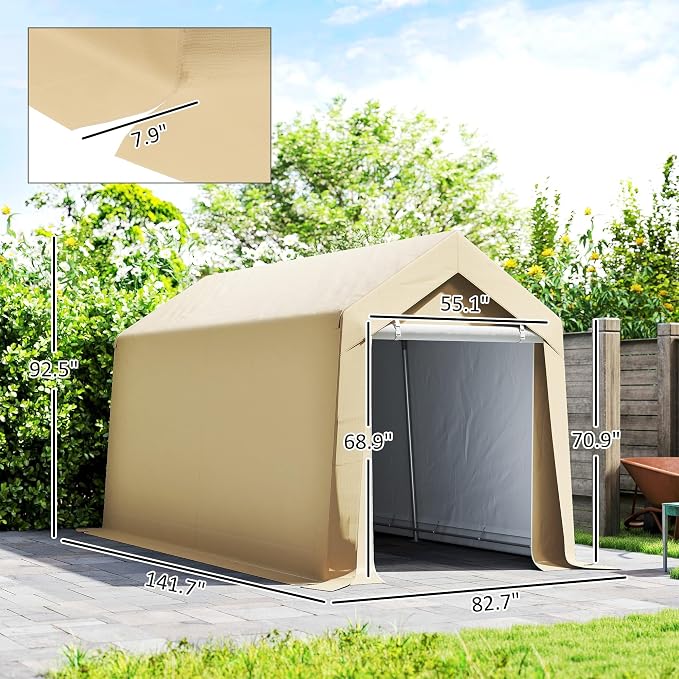 Outsunny 7' x 12' Portable Storage Shed Shelter, Heavy Duty Outdoor Shed, Waterproof Garden Storage Tent with Ventilation Window and Roll-up Zipper Door for Bike, Motorcycle, Garden Tools, Beige - Image 7