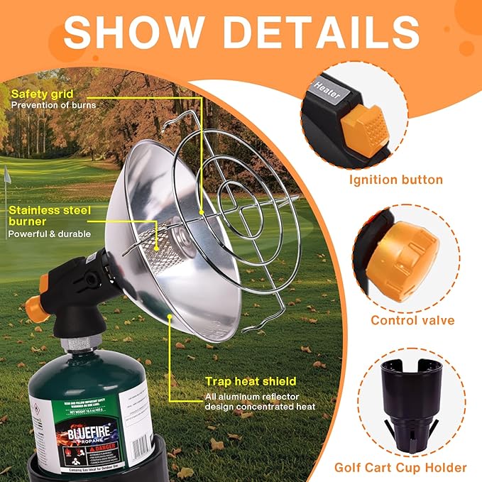 Portable Golf Cart Heater, Propane Heater 4100BTU Power with Cup Holder for Garage Patio Camping Tent Hiking Ice Fishing Suitable for 1lb camping gas cylinder（Fuel cylinder not include）
