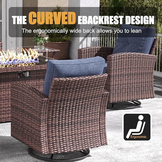 LayinSun 5 Pieces Patio Furniture Set with Swivel Chairs, Rattan Wicker Rocking Glide Chairs with 44" Propane Gas Fire Pit Table Conversation Set