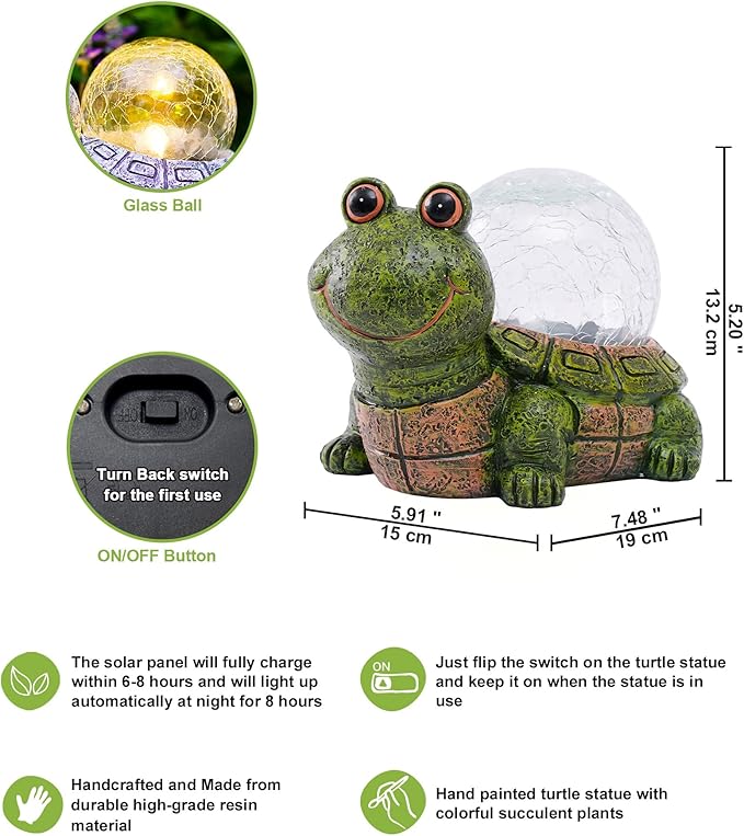 Nacome Solar Turtle Garden Statue Lights: Outdoor Figurine with Glass Ball Lighting Decorations Lawn Ornaments Porch Patio Balcony Yard - Birthday Gifts for Mom Grandma Women(Green)