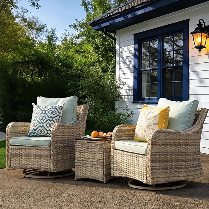 MEISSALIVVE 3 Pieces Patio Furniture Set with Swivel Chair, Outdoor Swivel Rocker with Washable Cushions & Tempered Glass Tabletop, Outdoor Rattan Conversation Set for Lawn Backyard Porch (Blue)