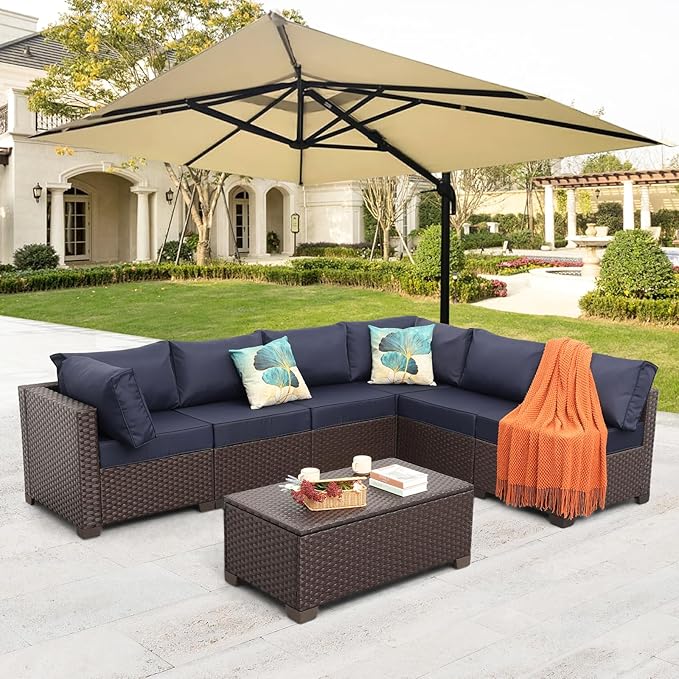 7 Pieces Outdoor Wicker Furniture Conversation Set Patio Sectional Sofa Couch Patio Storage Table Thicken(5") Non-Slip Cushions Furniture Cover, Navy Blue