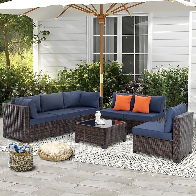 FHFO 7 Piece Outdoor Wicker Patio Furniture Set, Rattan Sectional Sofa Couch, Patio Conversation Set with Cushion & Coffee Table, for Backyard Poolside Porch Garden, Brown-Blue