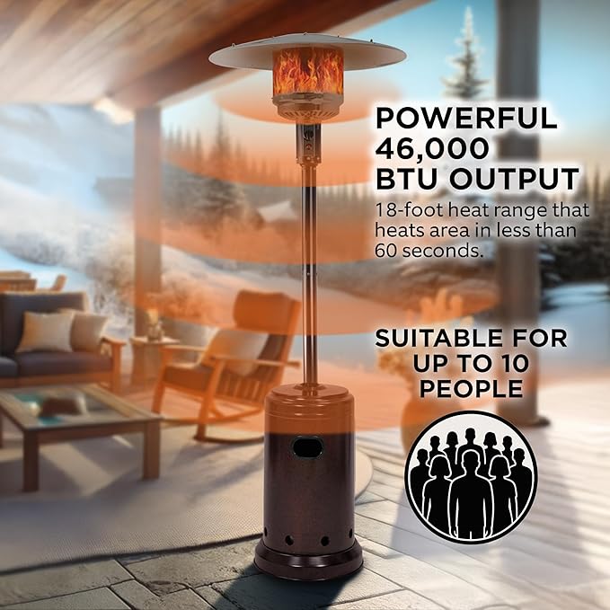 Amazon Basics 46,000 BTU Portable Outdoor Propane Patio Heater with Wheels, Commercial & Residential, Easy to Use, with Water Tank, Havana Bronze, 32.1 x 32.1 x 91.3 inches