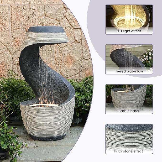 37" H S-Curve Waterfall Fountain, Floor-Standing Outdoor Water Fountain with Light, Modern Garden Water Feature Outdoor Rainfall Indoor Waterfall Feature for Patio Garden Decor