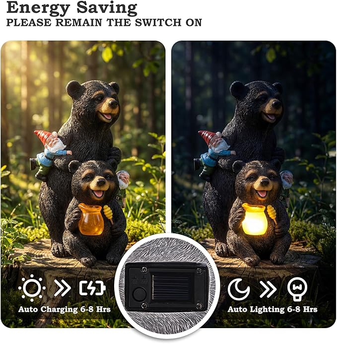 PETAFLOP Solar Garden Decor, Bear Family Statue with Glowing Honey Jar and Friendly Gnomes, Cozy Woodland Outdoor Ornament for Patio Porch Yard, Heartwarming Housewarming Gift