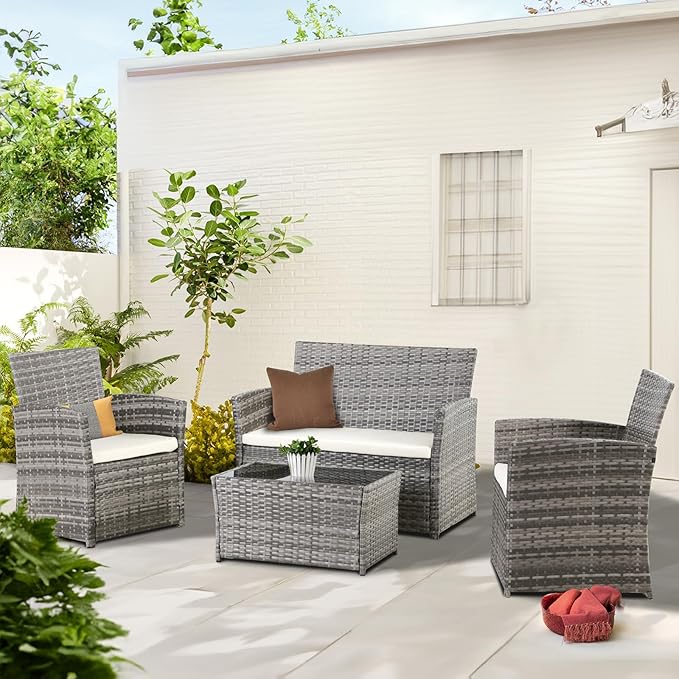 4 Piece Patio Furniture Set, Outdoor Wicker Conversation Set with Coffee Table, Modern Weather-Resistant Rattan for Porch Garden Lawn, Gray Wicker/Beige Cushion