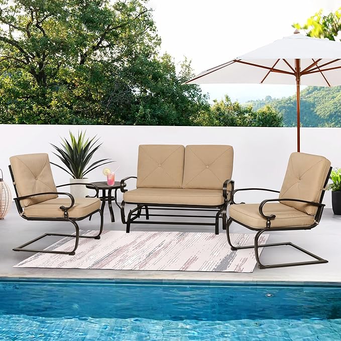 Incbruce 4Pcs Outdoor Metal Furniture Patio Conversation Sets (Glider, Bistro Table, 2 Spring Lounge Chairs) - Wrought Iron Outdoor Glider Chairs Sets (Brown)
