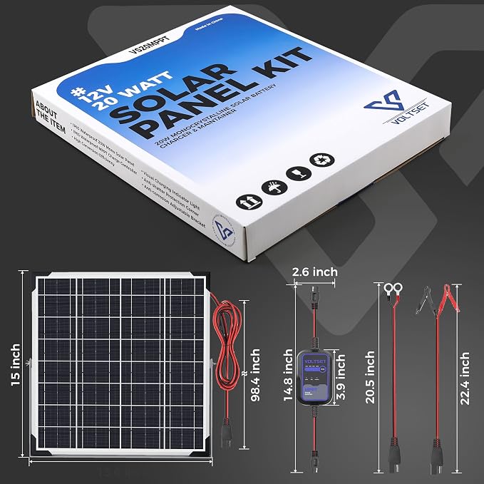 Voltset Solar Panel Kit 20W 12V with MPPT Controller, Solar Battery Trickle Charger Maintainer, Waterproof Solar Panel with Adjustable Mount Bracket for Boat RV Motorcycle Marine - Image 8