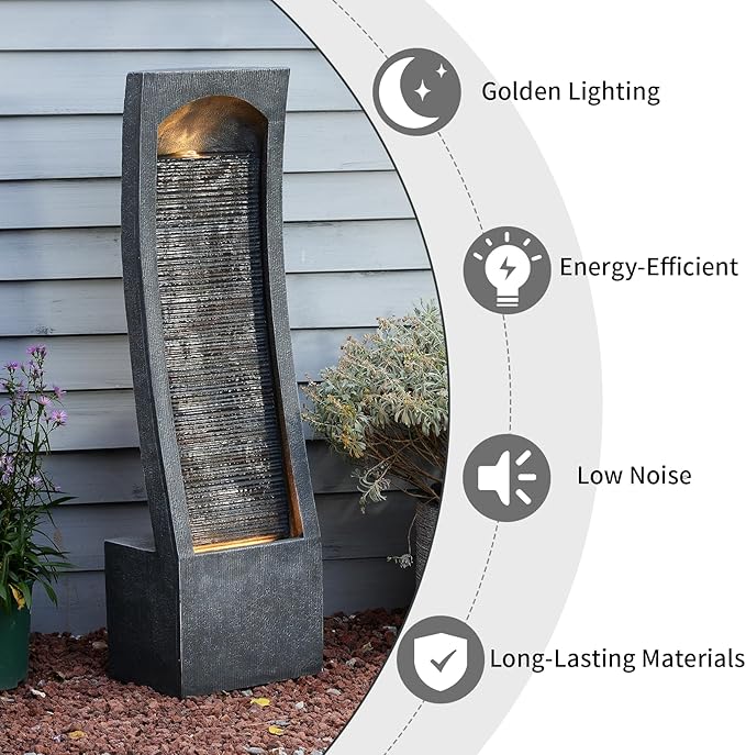 Modern Indoor Water Fountain Curved Faux Slate Waterfall Fountain with LED Lighting, 42.5-Inch Tall Tiered Waterfall Fountains for Garden, Patio, Backyard Decor - Durable and Weather-Resistant Design