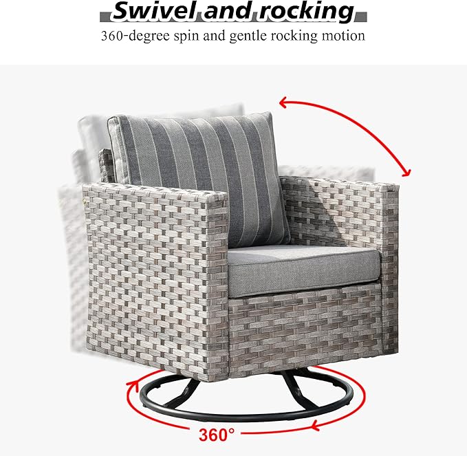 HOOOWOOO 9 Piece Modular Patio Outdoor Sectional Furniture Set with Swivel Rocking Chairs,Wicker Conversation Sofa Set,Outside Couch Set with Wide Arm(Grey Stripes)