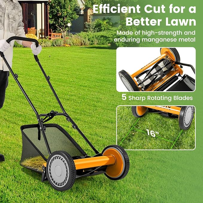 16-inch 5-Blade Push Reel Lawn Mower, Walk-Behind Grass Cutter w/Removable 7 Gallon Grass Catcher Bag & Adjustable Cutting Height, Cordless Manual Lawn Mower for Garden, Lawn, Yard (Orange) - Image 3
