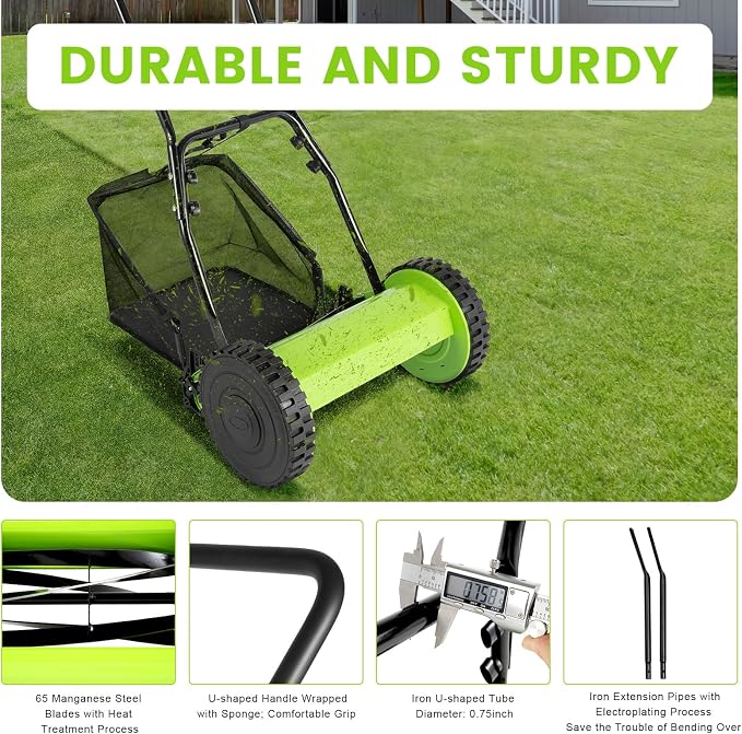 Manual Lawn Mower, 12 Inch 5 Blade Push Reel Lawn Mower with 6 Gallon Grass Catcher, 0.47-1.77inch Adjustable Cutting Height, Push Lawn Mower for Yard, Garden - Image 6