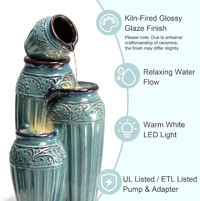 Glitzhome 27.25" H Outdoor Garden Water Fountain with LED Lights and Pump, 4 Tier Turquoise Embossed Pattern Ceramic Pots Cascading Floor Standing Fountain for Porch Deck Patio Backyard Decoration