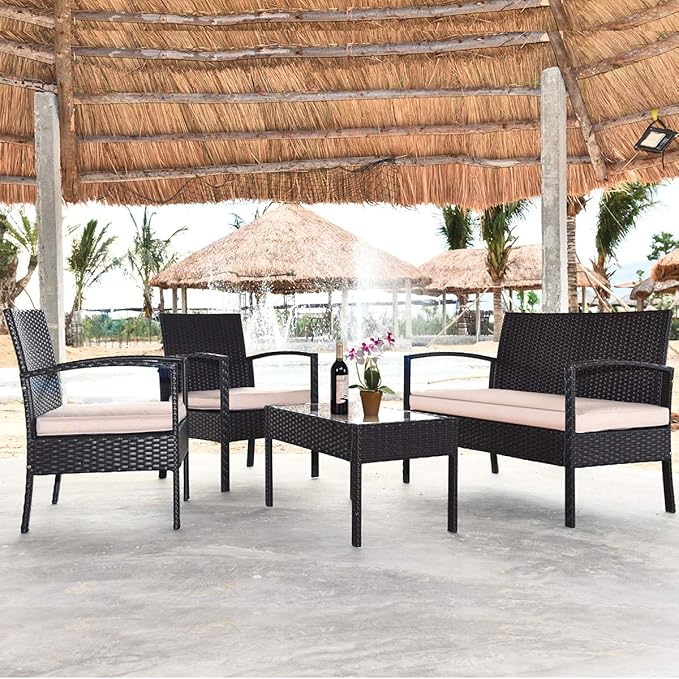 4 Pieces Patio Furniture Set, Wicker Conversation Set with Water-Resistant Cushion & Tempered Glass Table, Porch Deck Furniture Outdoor Rattan Chair for Backyard, Balcony(Beige)