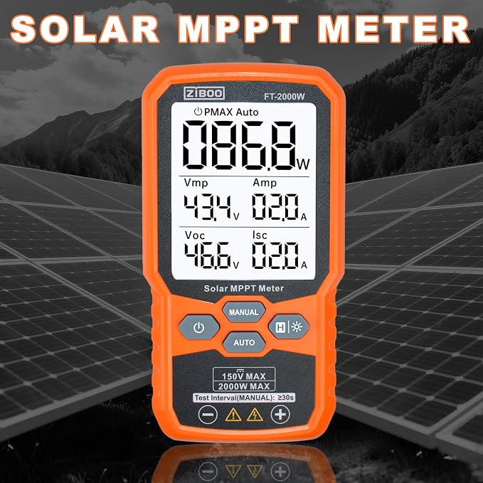ZIBOO FT-2000W Solar Panel Tester MPPT Meter - 2000W Max Power, 150V/35A PV Module Tester for Voc/Isc, Open Circuit Voltage & Short Circuit Current, with Backlight & Data Hold - Image 4