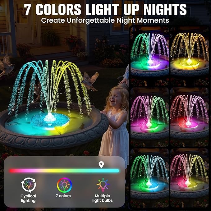 4000mAh Solar Fountain,2026 Solar Bird Bath Fountain Pump,3 Spray Solar Powered Water Fountain with lights,Floating Birdbath Fountain,DIY Water Bird Bath Fountain for Outdoor,Garden,Pond-white