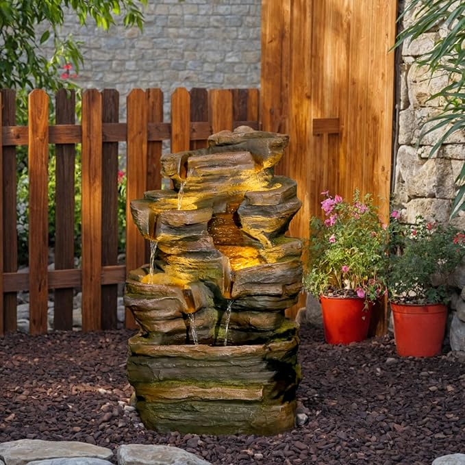 24.2" H 6-Tier Outdoor Water Fountain, Features Rock Garden Waterfall Fountains with Warm Lights, Floor-Standing for Patio, Backyard, Deck, Porch, Home Décor, Brown